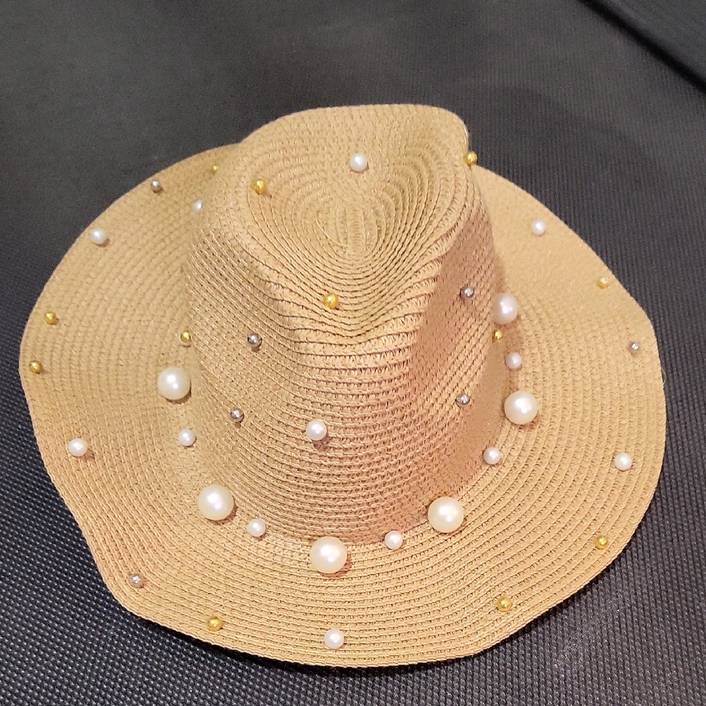 SALE-Elegant Tan Pearl-Embellished Women's Hat